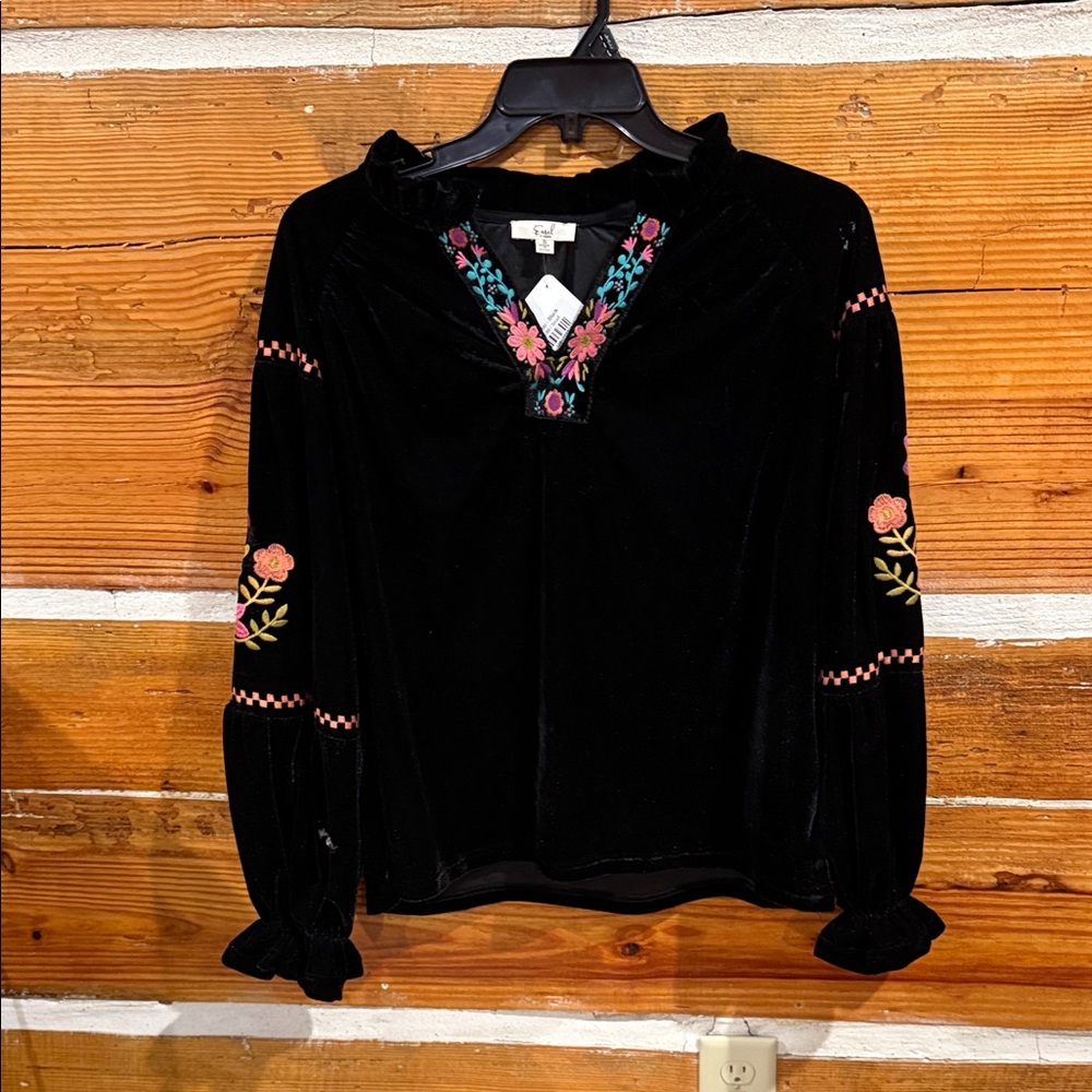 Elegant Black Velvet Blouse with Floral Embroidery